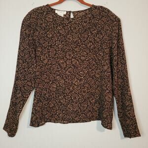 Vintage silk floral long sleeve top size 14P, brown, cottagecore, career, 90s